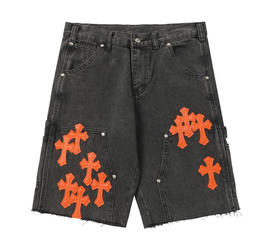 Black Denim Shorts Orange Cross Patches.