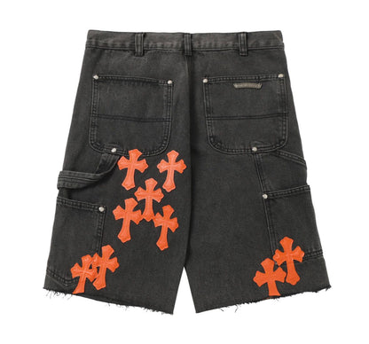 Black Denim Shorts Orange Cross Patches.
